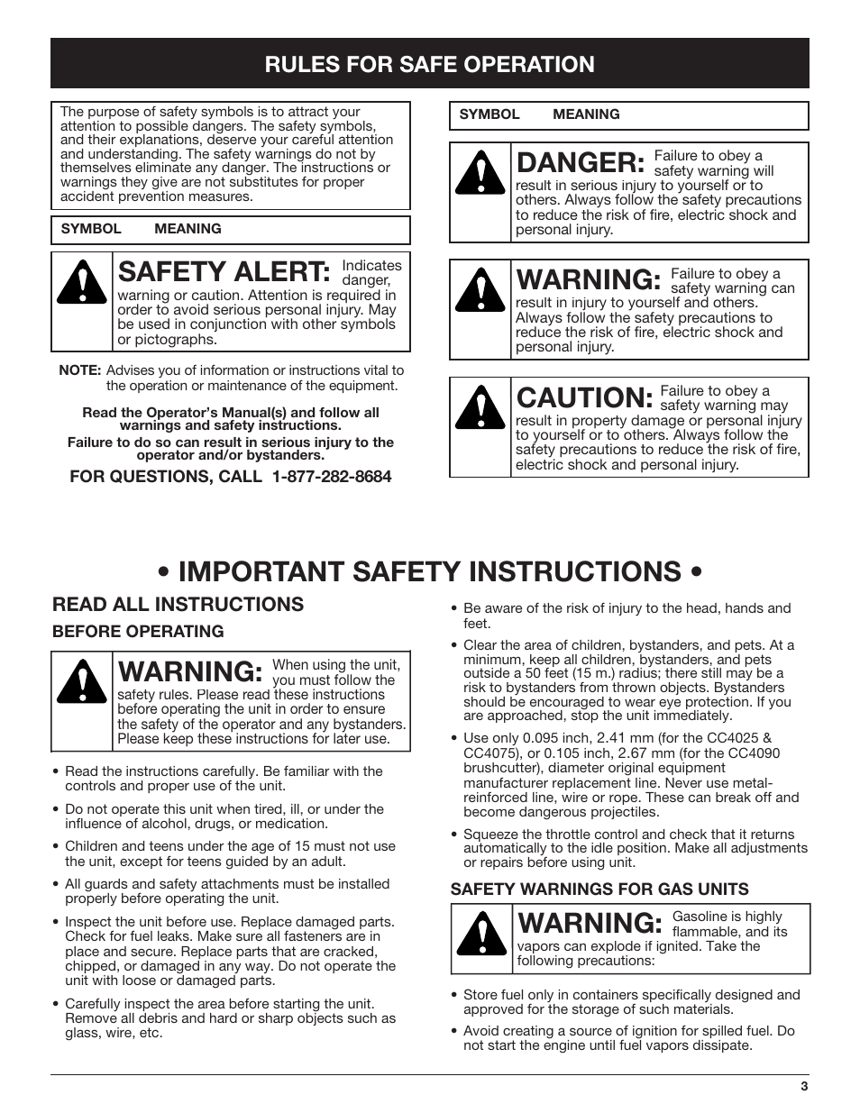 Warning, Danger, Caution | Safety alert, Warning: • important safety instructions, Rules for safe operation, Read all instructions | Cub Cadet CC4090 User Manual | Page 3 / 88