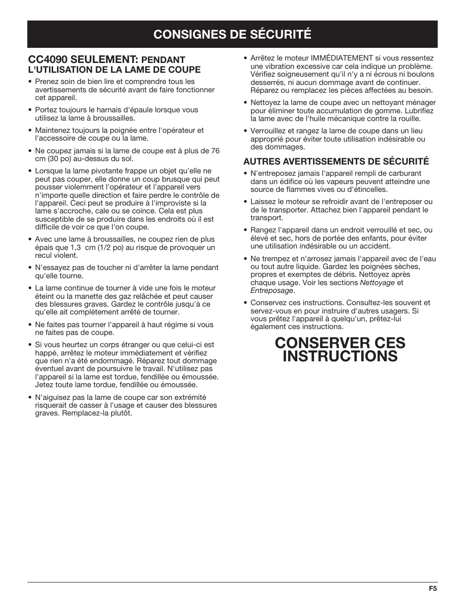 Conserver ces instructions, Consignes de sécurité, Cc4090 seulement | Cub Cadet CC4090 User Manual | Page 35 / 88