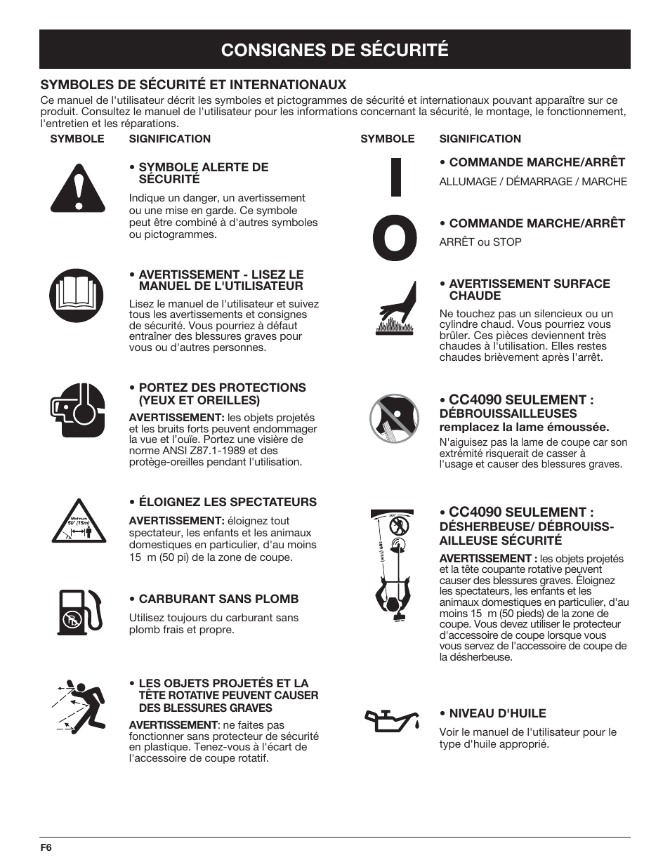 Consignes de sécurité, Cc4090 | Cub Cadet CC4090 User Manual | Page 36 / 88