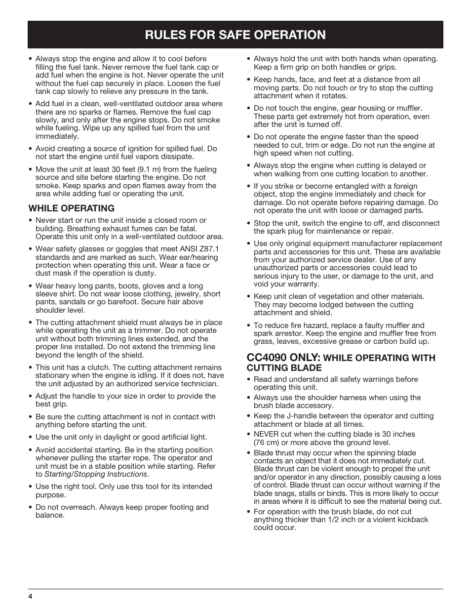Rules for safe operation, Cc4090 only | Cub Cadet CC4090 User Manual | Page 4 / 88