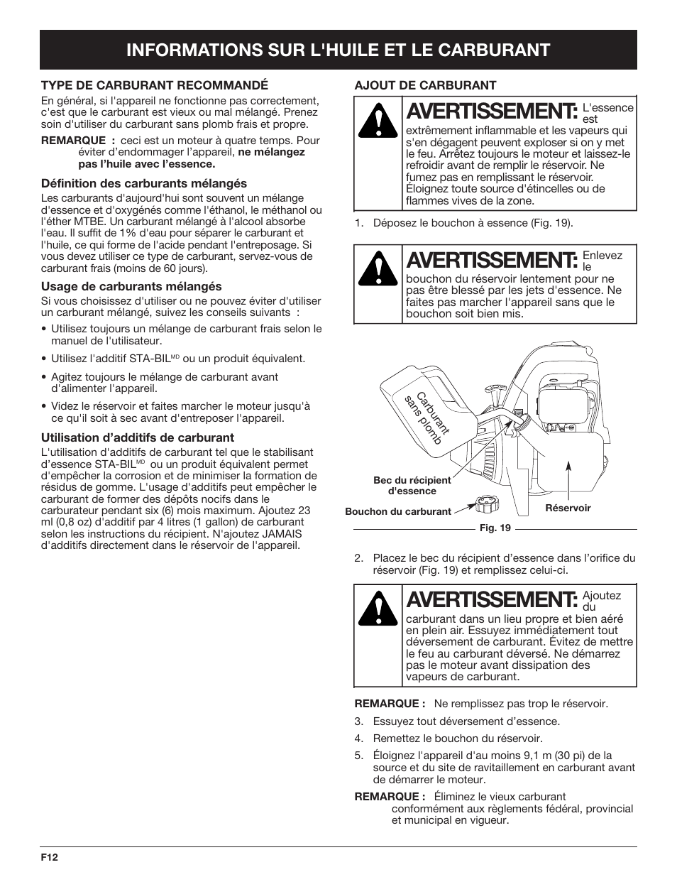 Avertissement, Informations sur l'huile et le carburant | Cub Cadet CC4090 User Manual | Page 42 / 88