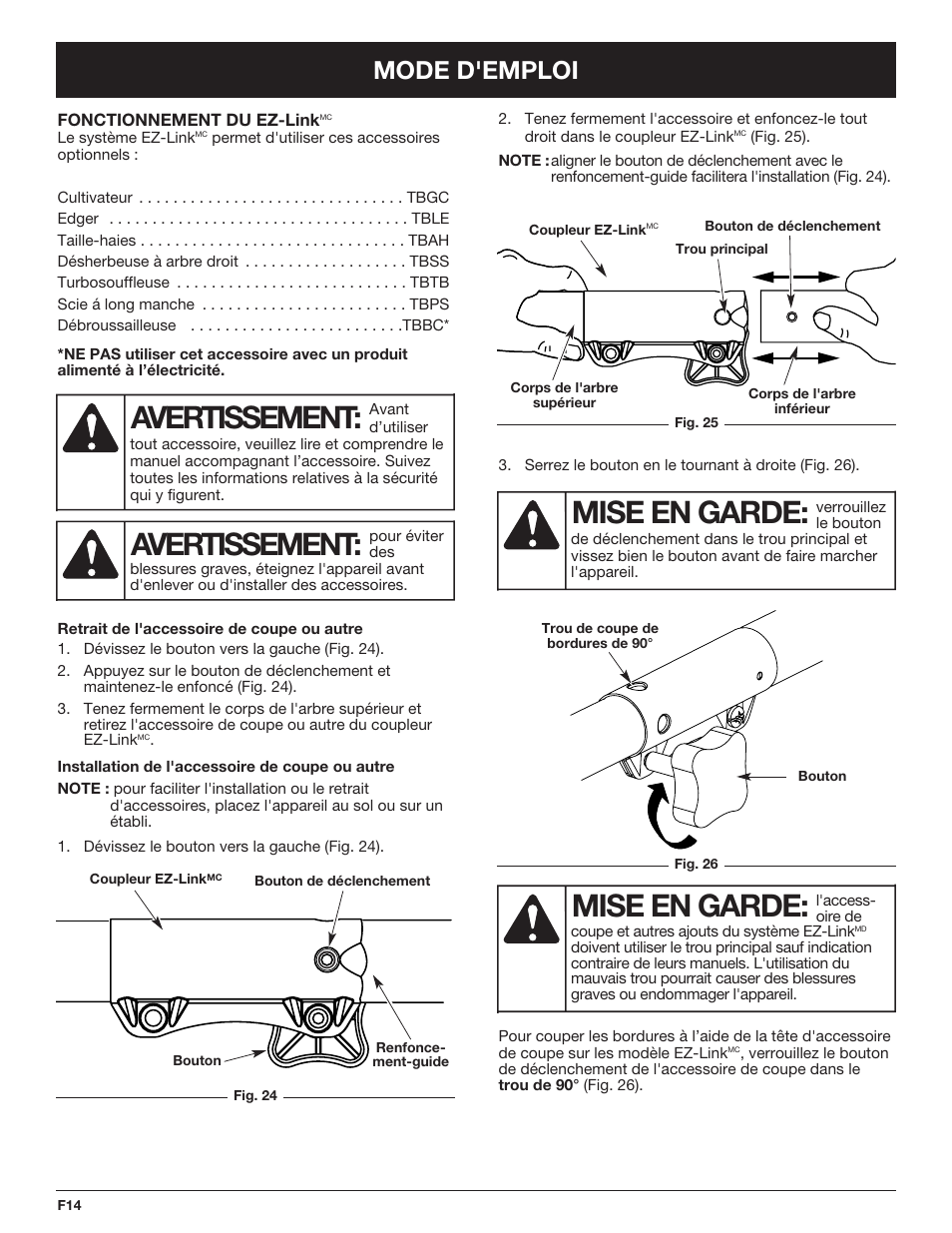 Mise en garde, Avertissement, Mode d'emploi | Cub Cadet CC4090 User Manual | Page 44 / 88