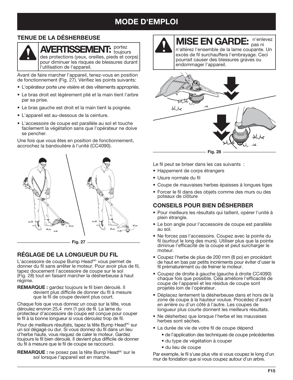 Avertissement, Mise en garde, Mode d'emploi | Cub Cadet CC4090 User Manual | Page 45 / 88