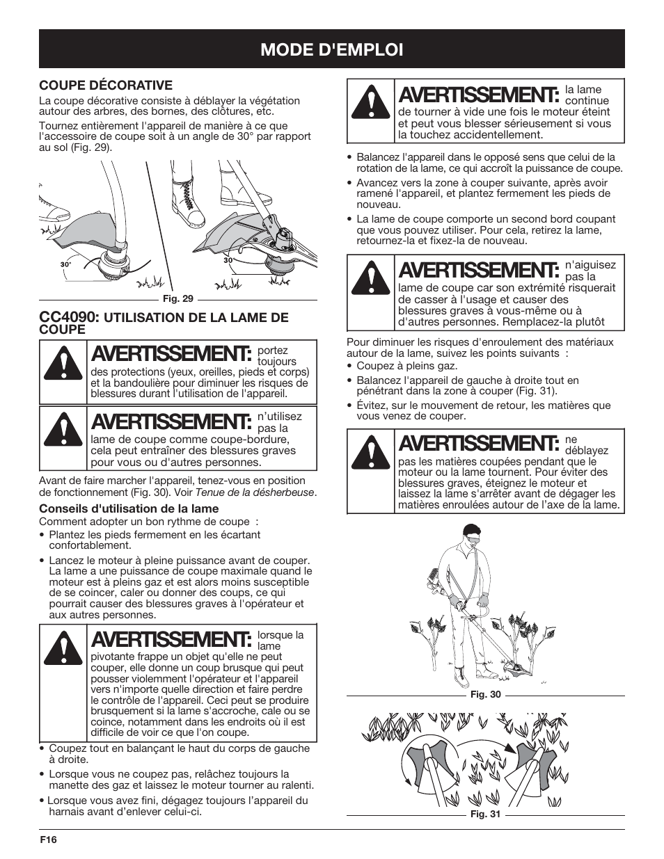 Avertissement, Mode d'emploi | Cub Cadet CC4090 User Manual | Page 46 / 88