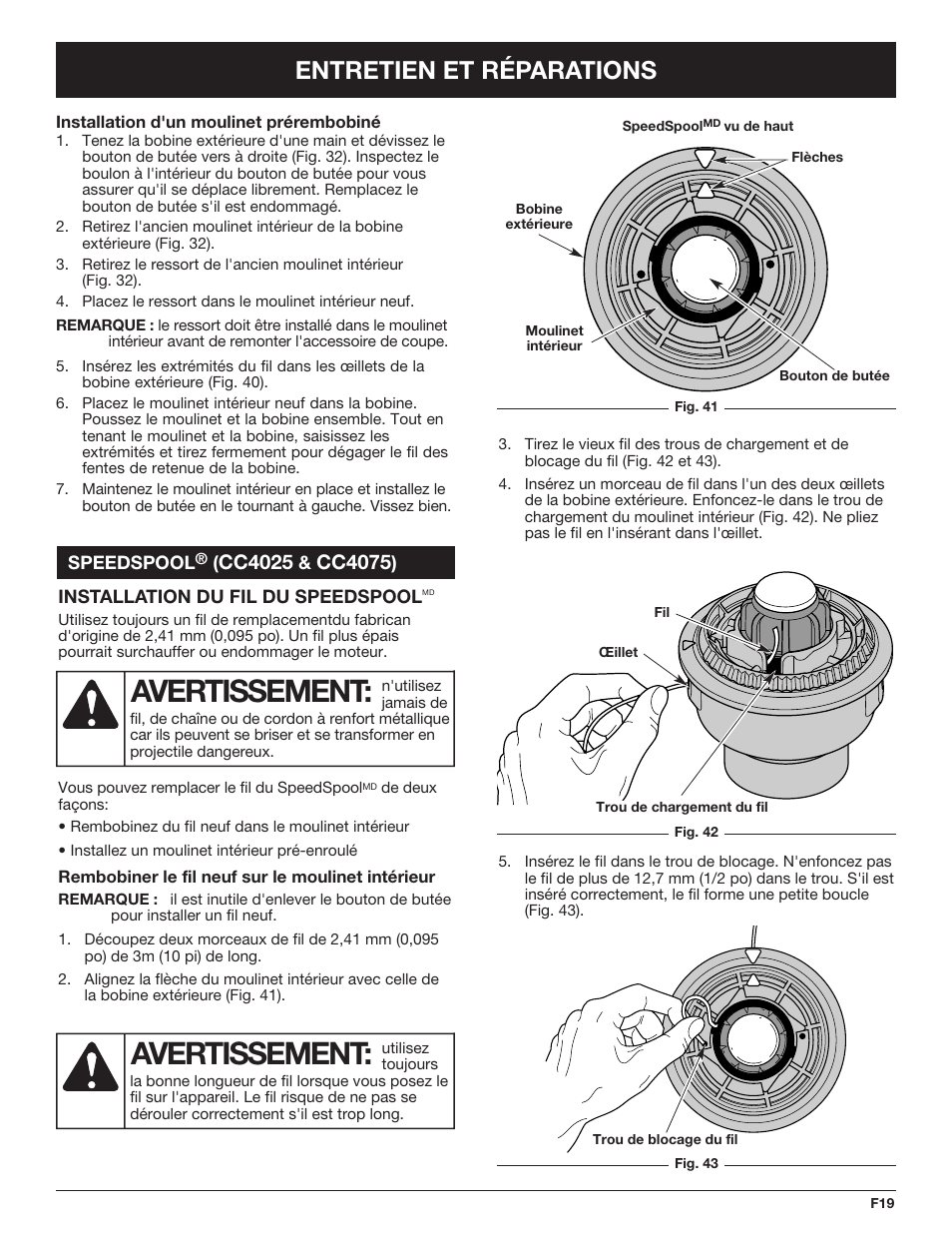 Avertissement, Entretien et réparations, Cc4025 | Cc4075 | Cub Cadet CC4090 User Manual | Page 49 / 88