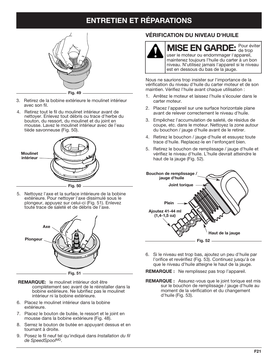 Mise en garde, Entretien et réparations | Cub Cadet CC4090 User Manual | Page 51 / 88