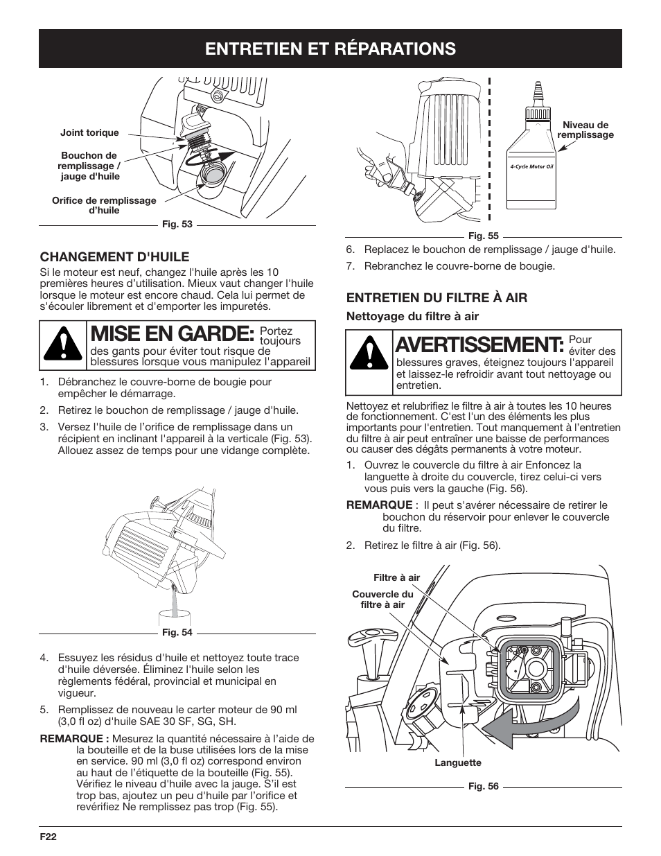 Mise en garde, Avertissement, Entretien et réparations | Cub Cadet CC4090 User Manual | Page 52 / 88