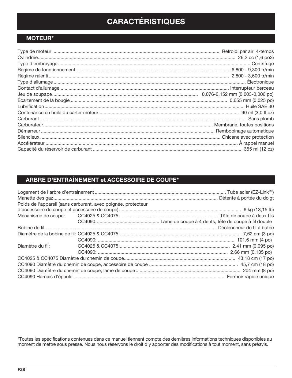 Caractéristiques | Cub Cadet CC4090 User Manual | Page 58 / 88