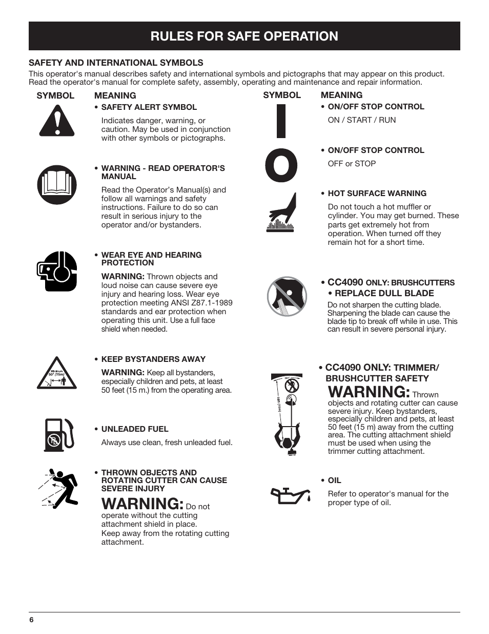 Warning, Rules for safe operation | Cub Cadet CC4090 User Manual | Page 6 / 88