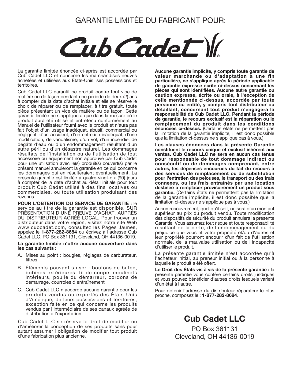 Cub cadet llc, Garantie limitée du fabricant pour | Cub Cadet CC4090 User Manual | Page 60 / 88