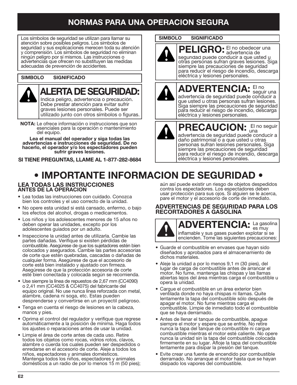Advertencia, Peligro, Precaucion | Alerta de seguridad, Importante informacion de seguridad, Normas para una operacion segura | Cub Cadet CC4090 User Manual | Page 62 / 88