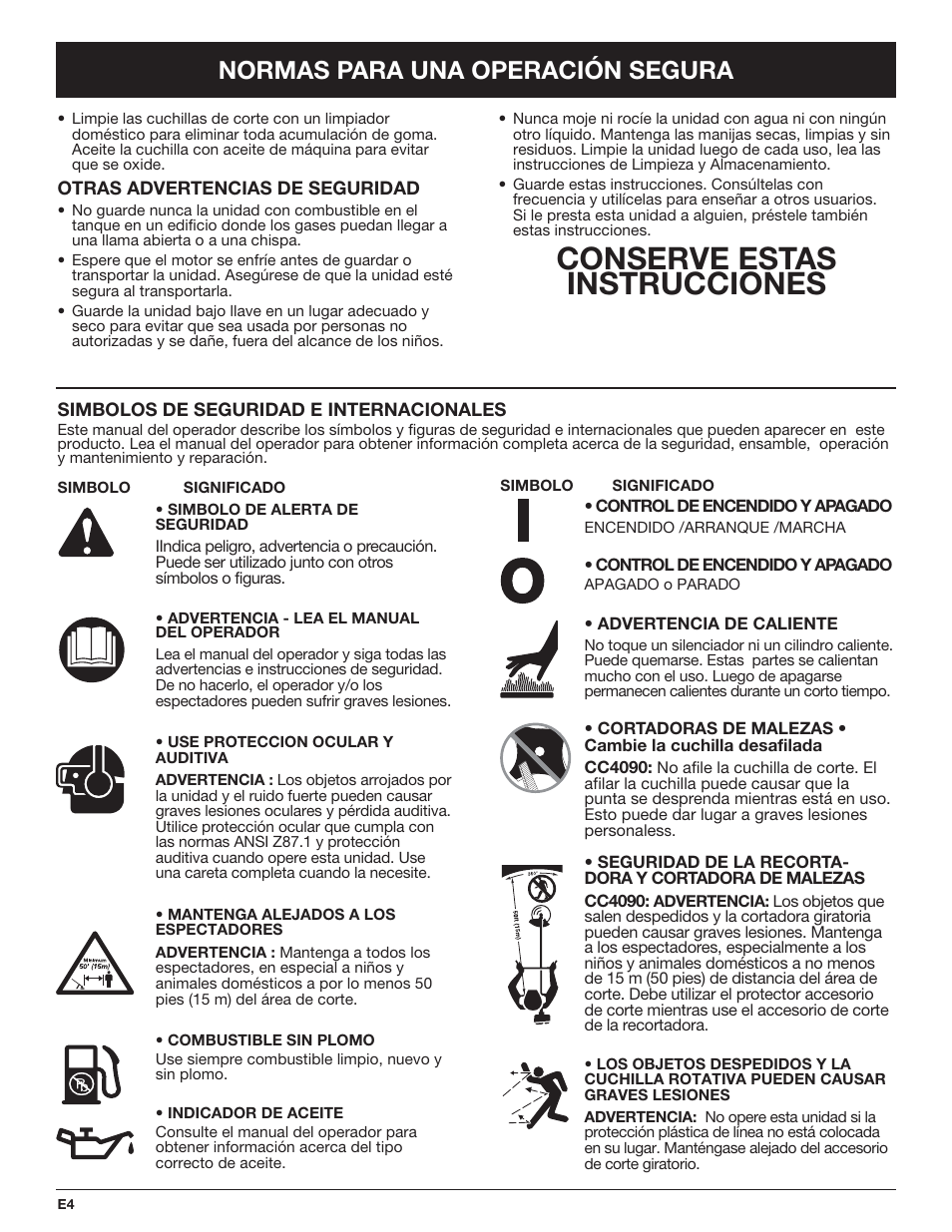 Conserve estas instrucciones, Normas para una operación segura | Cub Cadet CC4090 User Manual | Page 64 / 88