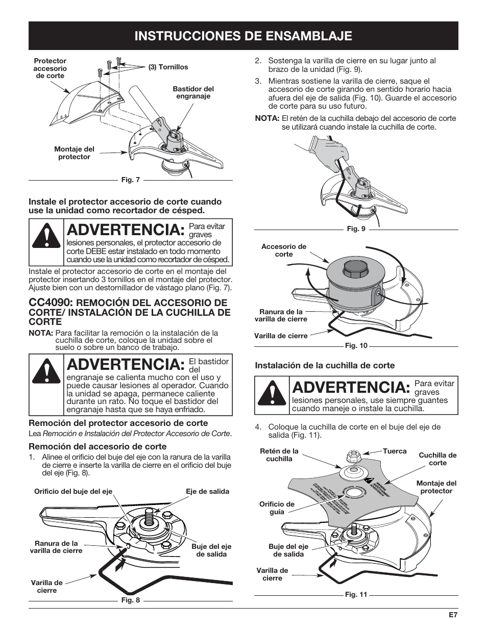 Advertencia, Instrucciones de ensamblaje, Cc4090 | Cub Cadet CC4090 User Manual | Page 67 / 88