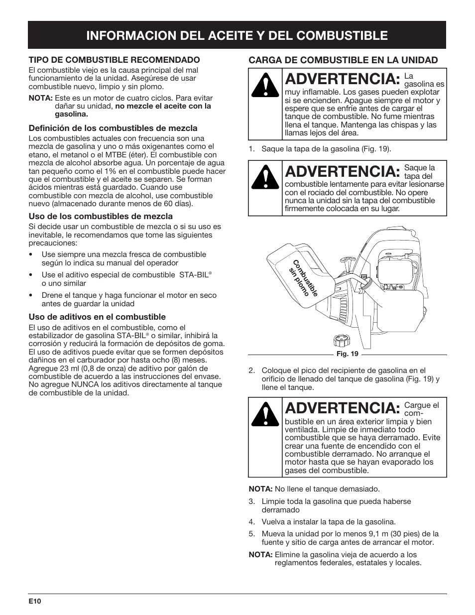 Advertencia, Informacion del aceite y del combustible | Cub Cadet CC4090 User Manual | Page 70 / 88