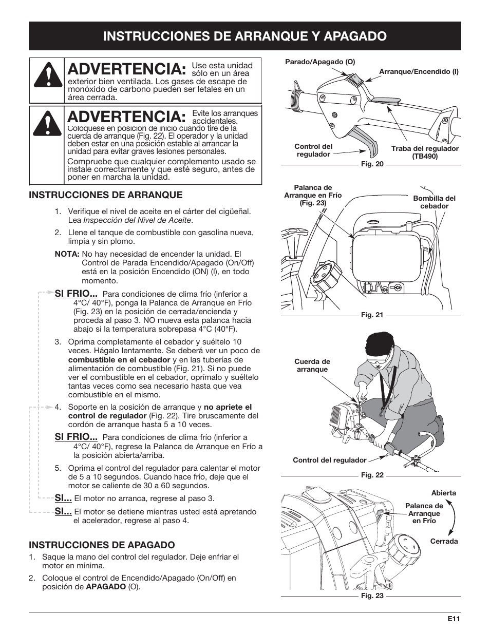 Advertencia, Instrucciones de arranque y apagado | Cub Cadet CC4090 User Manual | Page 71 / 88
