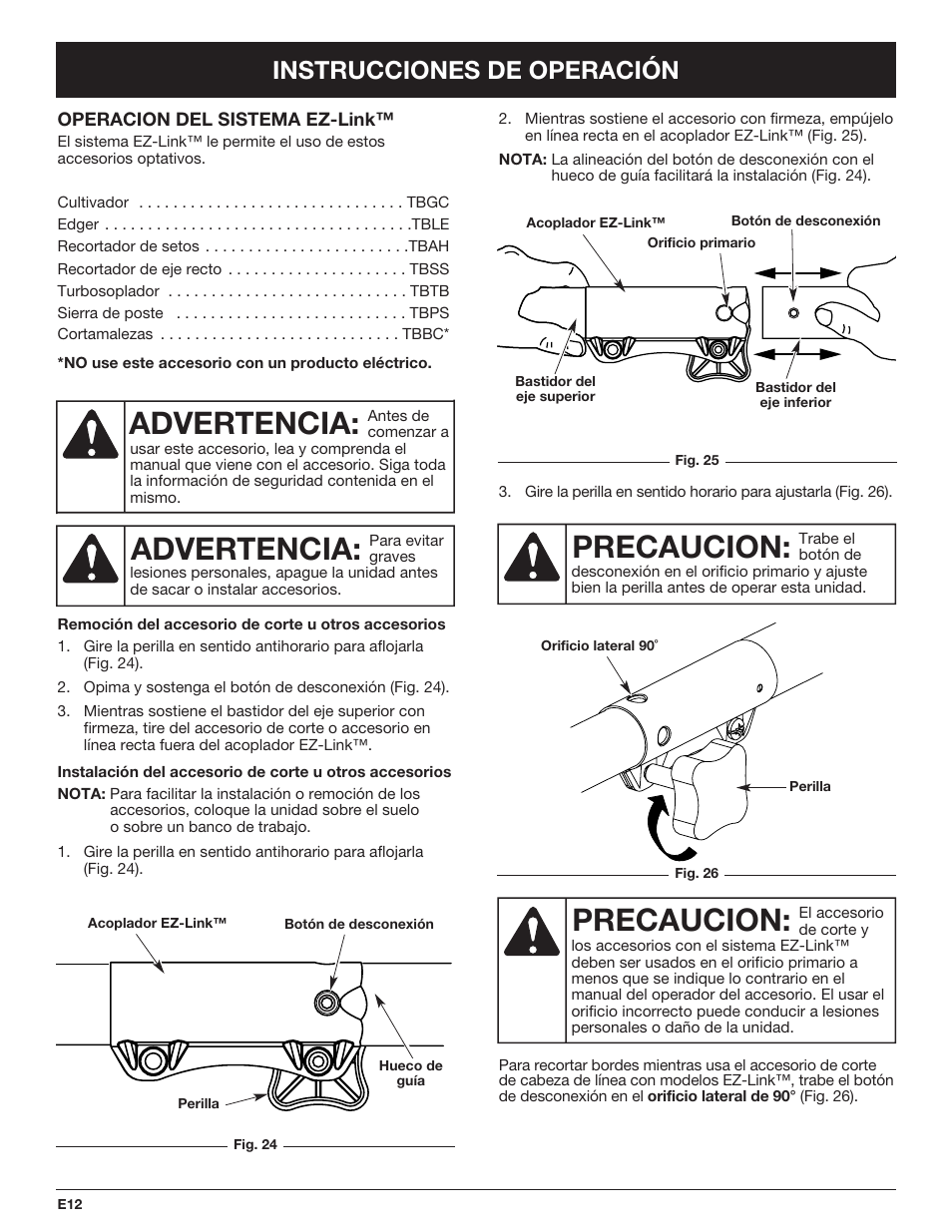 Precaucion, Advertencia, Instrucciones de operación | Cub Cadet CC4090 User Manual | Page 72 / 88