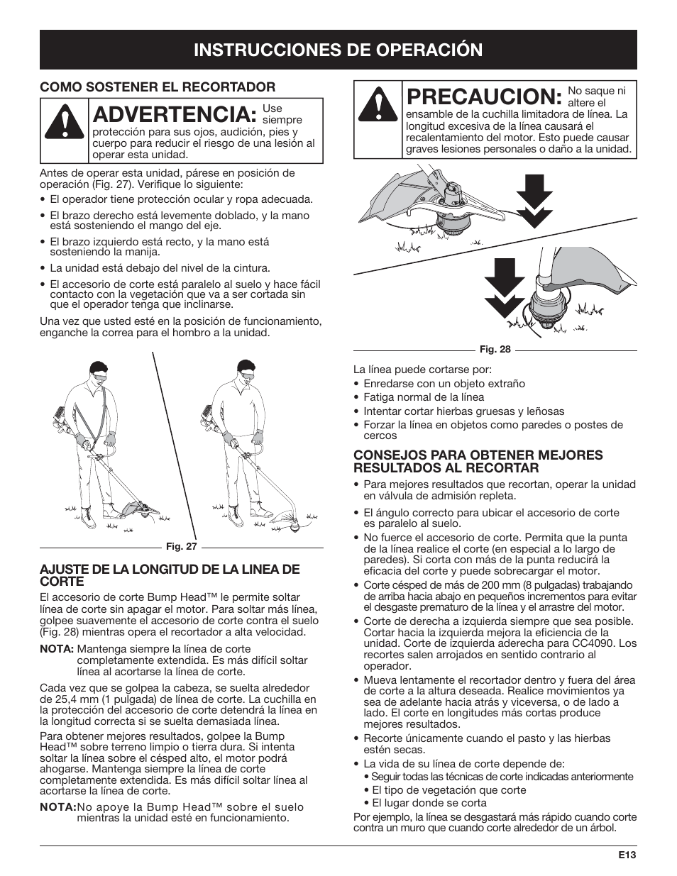 Precaucion, Advertencia, Instrucciones de operación | Cub Cadet CC4090 User Manual | Page 73 / 88