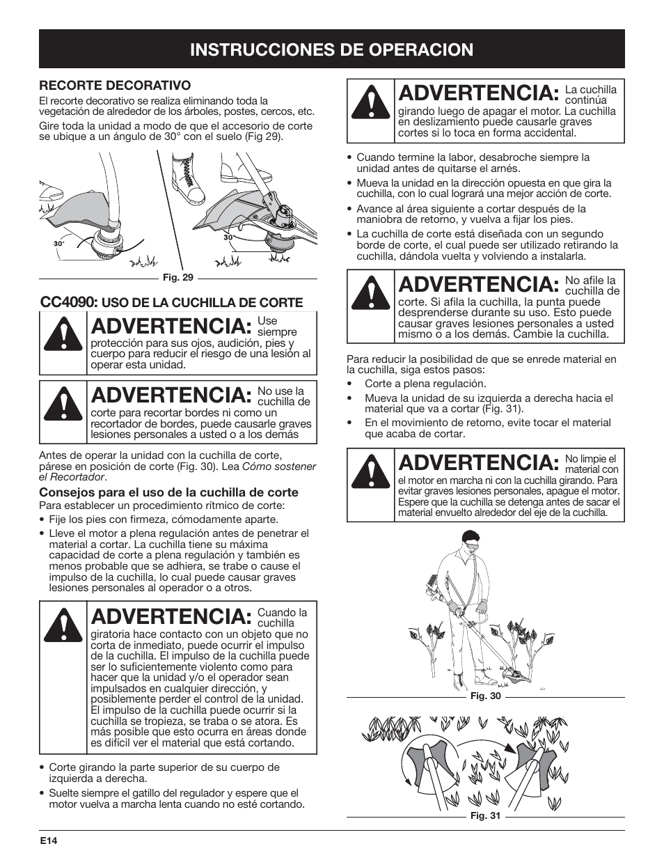 Advertencia, Instrucciones de operacion | Cub Cadet CC4090 User Manual | Page 74 / 88