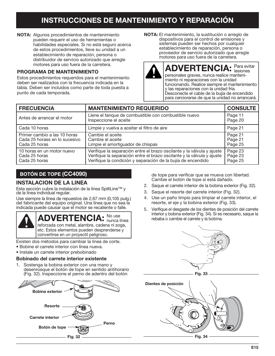 Advertencia, Instrucciones de mantenimiento y reparación, Cc4090 | Cub Cadet CC4090 User Manual | Page 75 / 88