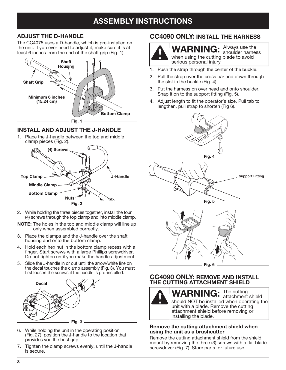 Warning, Assembly instructions, Cc4090 only | Cub Cadet CC4090 User Manual | Page 8 / 88