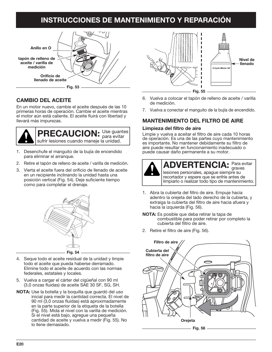 Precaucion, Advertencia, Instrucciones de mantenimiento y reparación | Cub Cadet CC4090 User Manual | Page 80 / 88