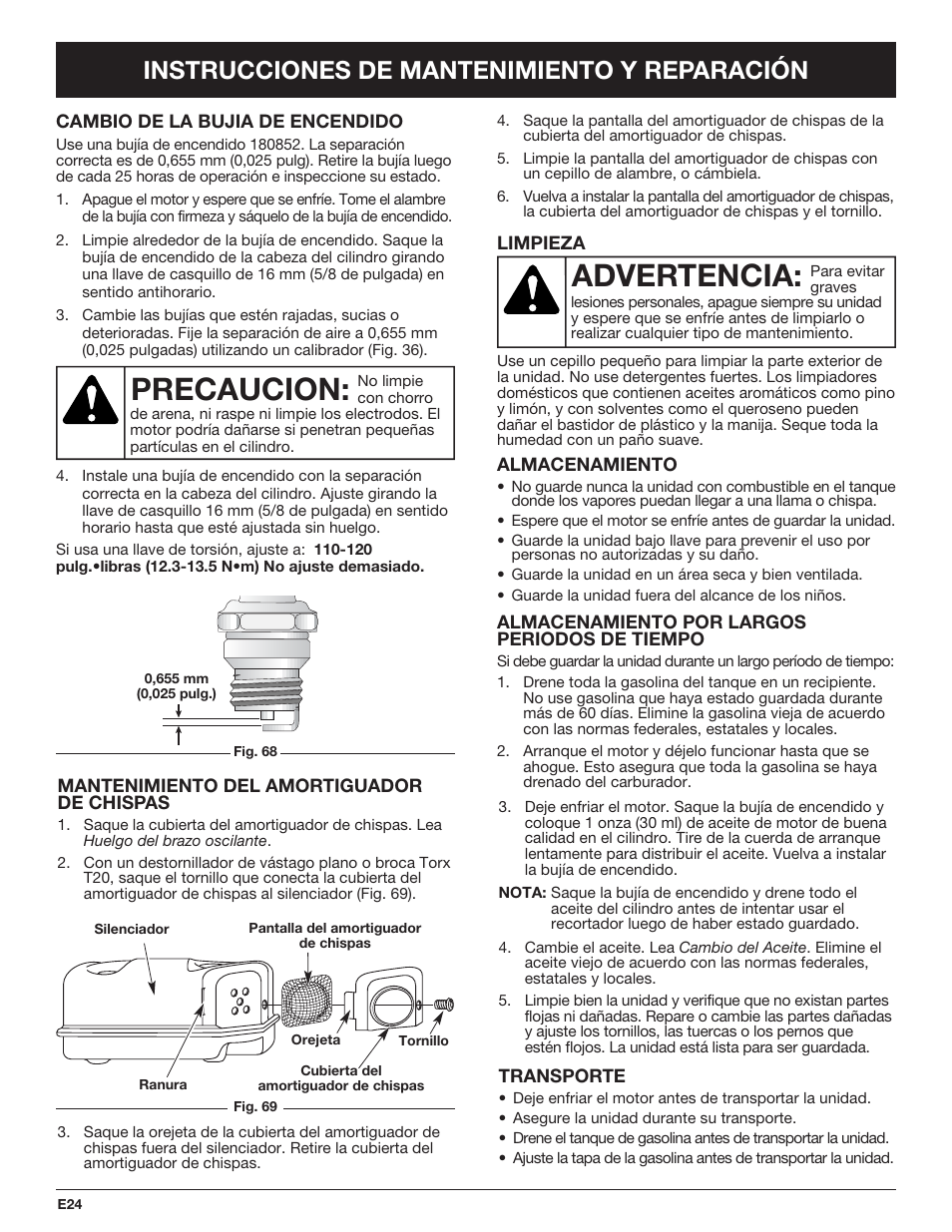 Advertencia, Precaucion, Instrucciones de mantenimiento y reparación | Cub Cadet CC4090 User Manual | Page 84 / 88