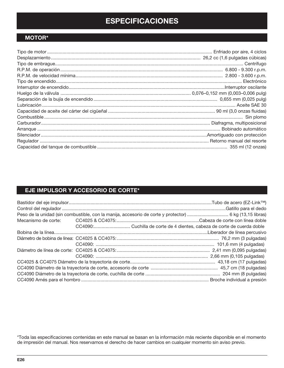 Especificaciones | Cub Cadet CC4090 User Manual | Page 86 / 88