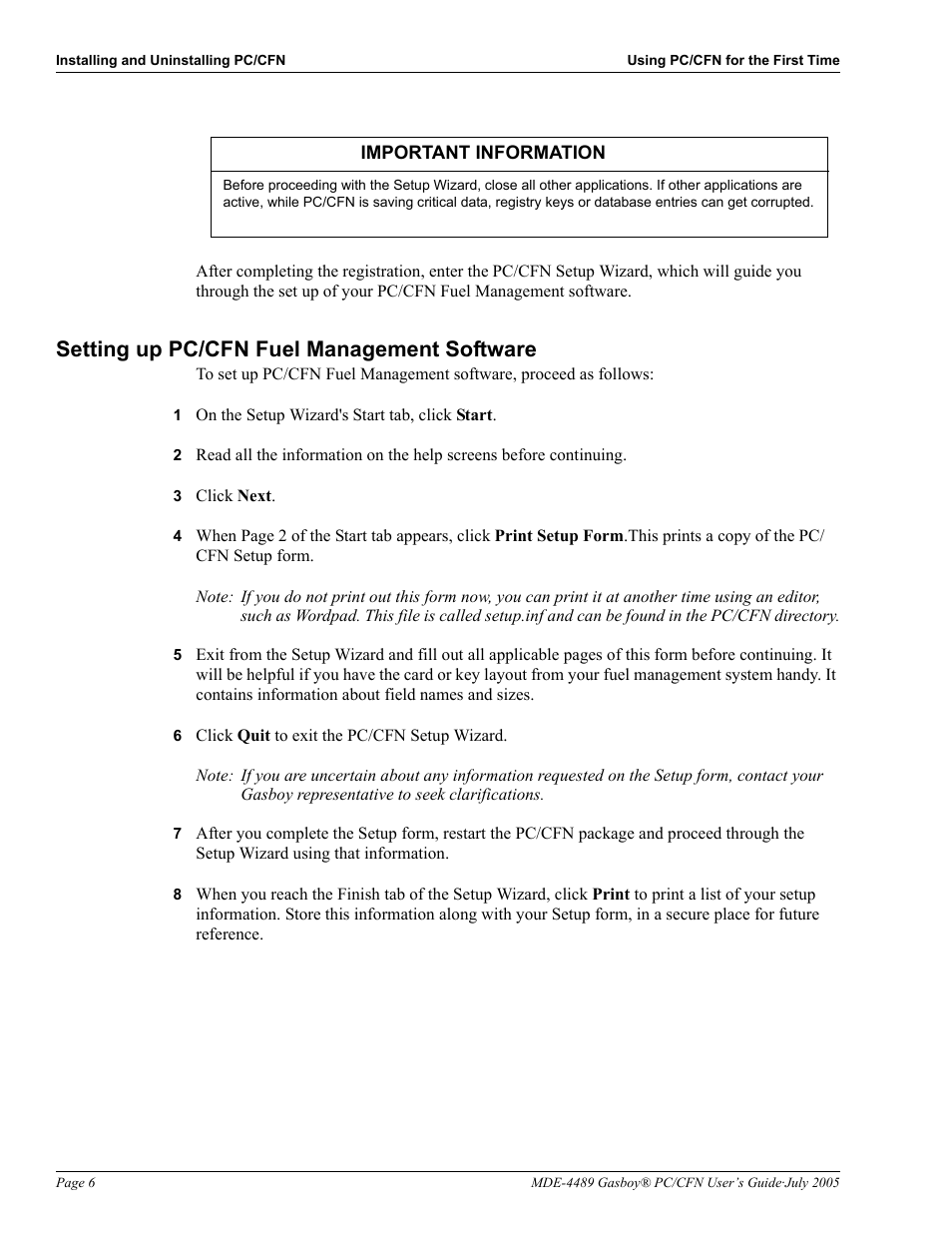 Setting up pc/cfn fuel management software, 1 on the setup wizard's start tab, click start, 3 click next | 6 click quit to exit the pc/cfn setup wizard, Setting up pc/cfn fuel management software -6 | Gasboy PC CFN site controller User Manual | Page 10 / 30