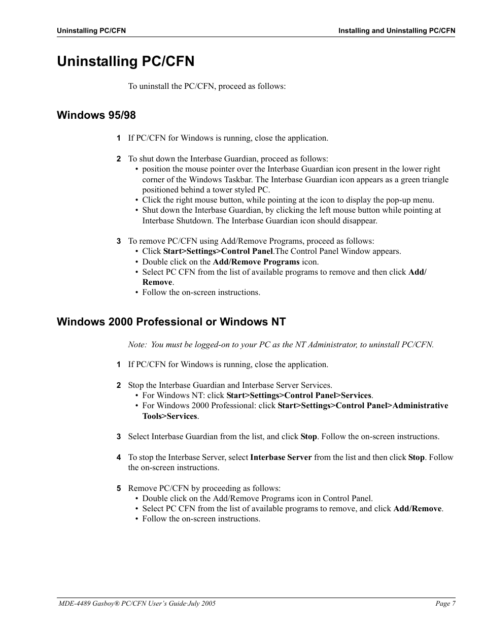 Uninstalling pc/cfn, Windows 95/98, Windows 2000 professional or windows nt | 5 remove pc/cfn by proceeding as follows, Uninstalling pc/cfn -7 | Gasboy PC CFN site controller User Manual | Page 11 / 30