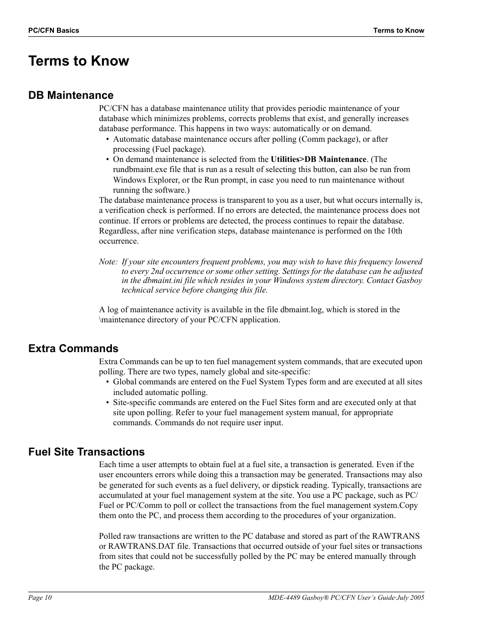 Terms to know, Db maintenance, Extra commands | Fuel site transactions, Terms to know -10 | Gasboy PC CFN site controller User Manual | Page 14 / 30