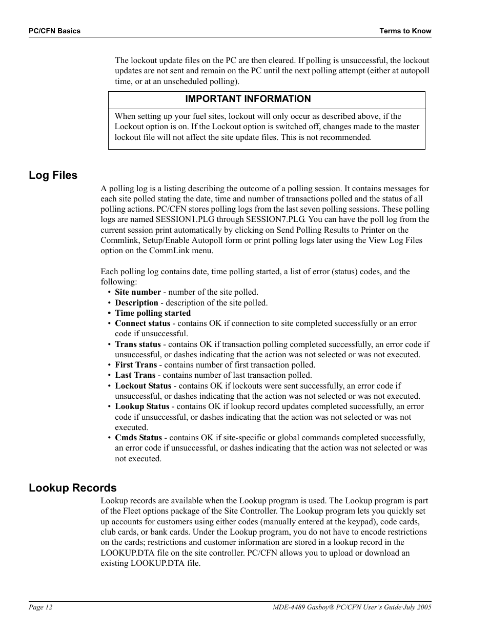 Log files, Lookup records, Log files -12 lookup records -12 | Gasboy PC CFN site controller User Manual | Page 16 / 30
