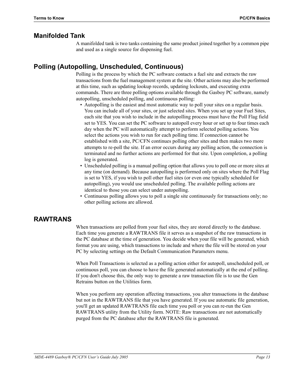 Manifolded tank, Polling (autopolling, unscheduled, continuous), Rawtrans | Rawtrans -14 | Gasboy PC CFN site controller User Manual | Page 17 / 30