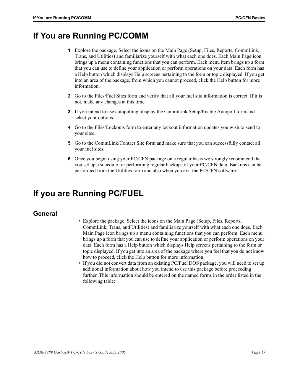 If you are running pc/comm, If you are running pc/fuel, General | If you are running pc/comm -19, If you are running pc/fuel -19, General -19 | Gasboy PC CFN site controller User Manual | Page 23 / 30