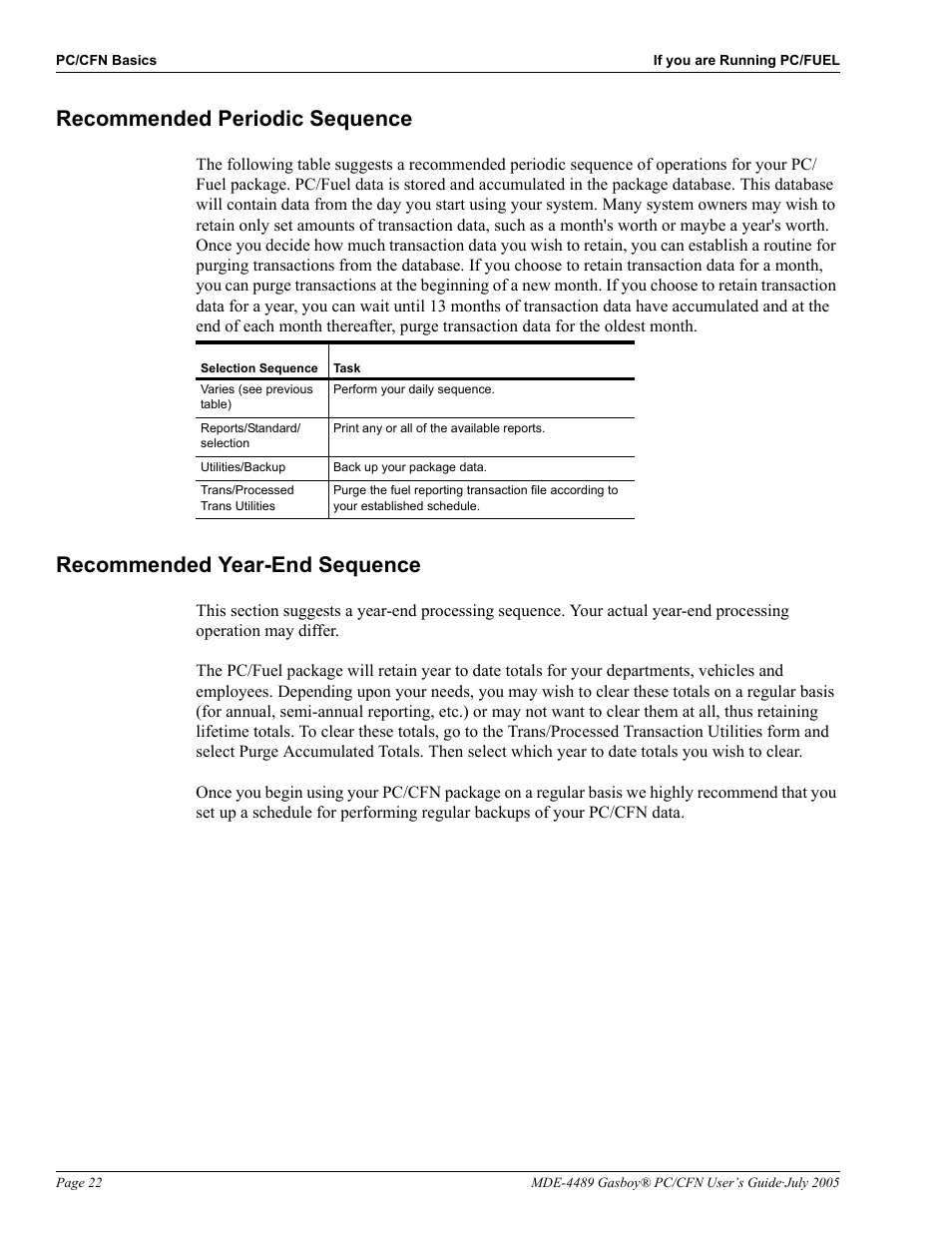 Recommended periodic sequence, Recommended year-end sequence | Gasboy PC CFN site controller User Manual | Page 26 / 30