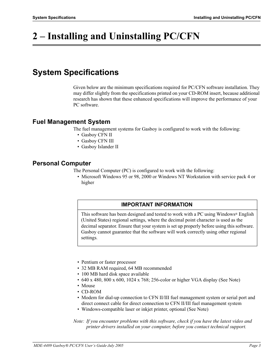 2 - installing and uninstalling pc/cfn, System specifications, Fuel management system | Personal computer, 2 – installing and uninstalling pc/cfn, System specifications -3, Fuel management system -3 personal computer -3 | Gasboy PC CFN site controller User Manual | Page 7 / 30