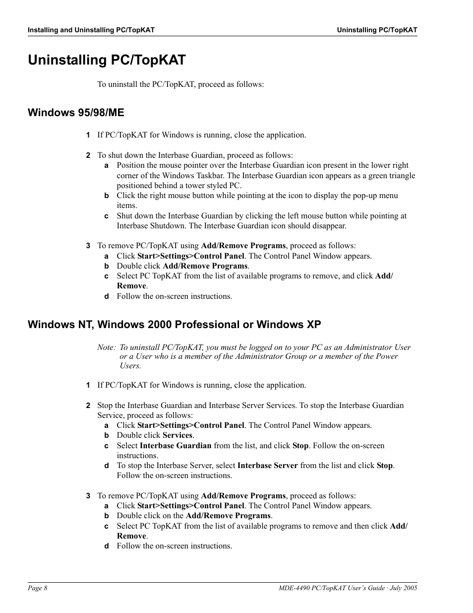 Uninstalling pc/topkat, Windows 95/98/me, Uninstalling pc/topkat -8 | Gasboy PC TopKAT Users Guide User Manual | Page 10 / 20