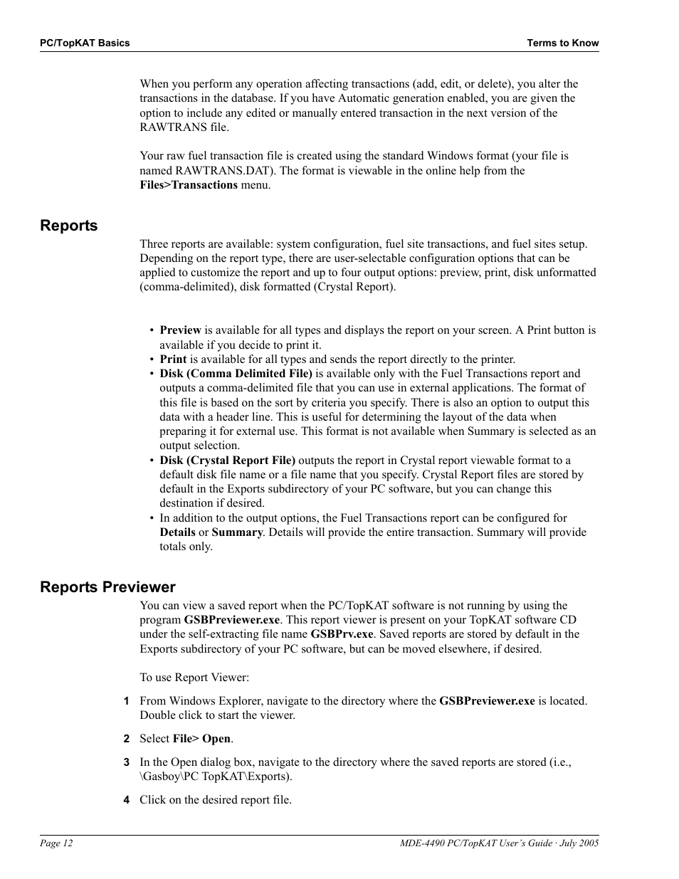 Reports, Reports previewer, 2 select file> open | 4 click on the desired report file, Reports -12 reports previewer -12 | Gasboy PC TopKAT Users Guide User Manual | Page 14 / 20