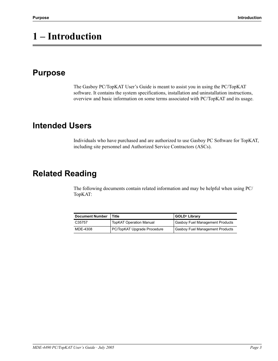 1 - introduction, Purpose, Intended users | Related reading, 1 – introduction, Purpose -3, Intended users -3, Related reading -3 | Gasboy PC TopKAT Users Guide User Manual | Page 5 / 20