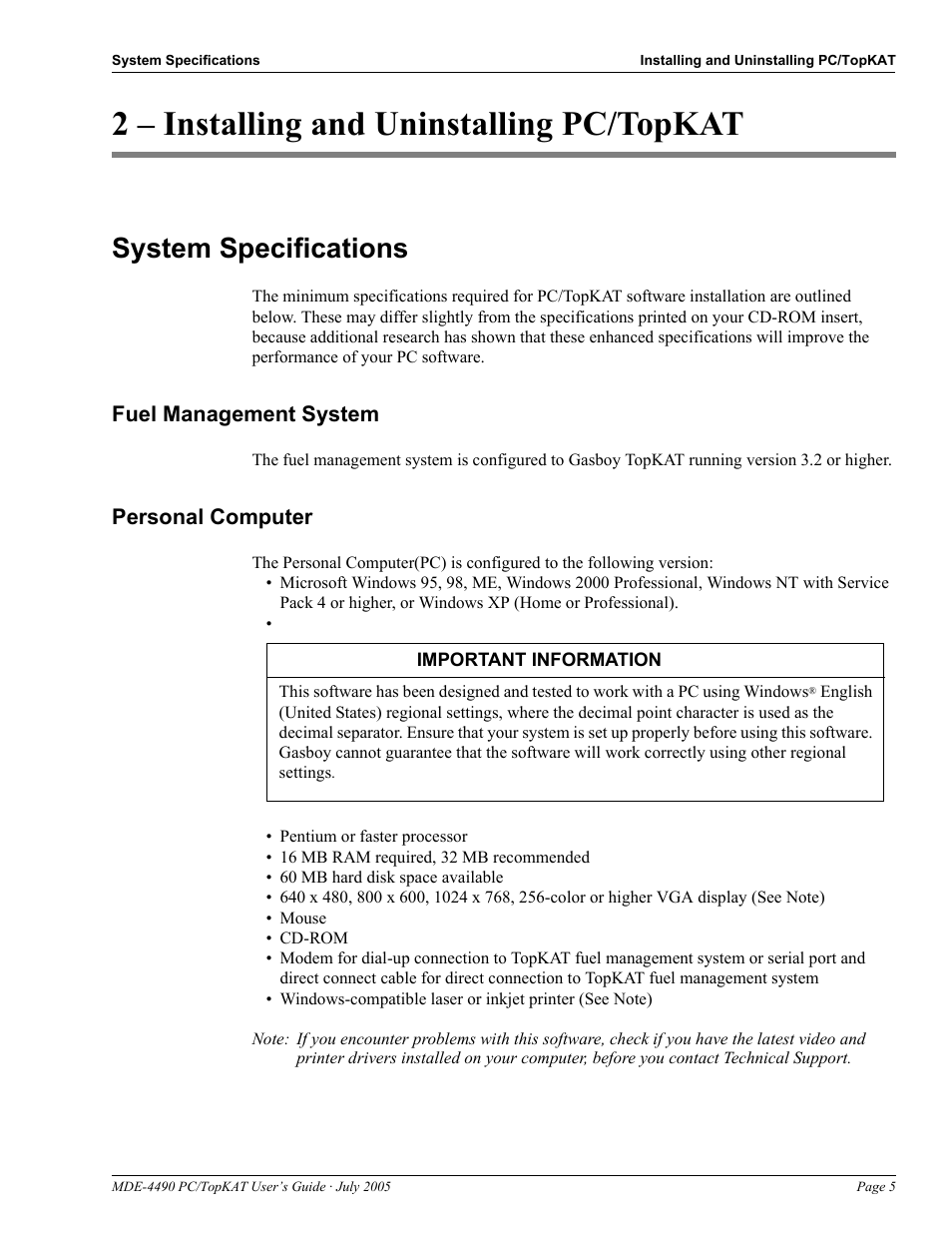 2 - installing and uninstalling pc/topkat, System specifications, Fuel management system | Personal computer, 2 – installing and uninstalling pc/topkat, System specifications -5, Fuel management system -5 personal computer -5 | Gasboy PC TopKAT Users Guide User Manual | Page 7 / 20