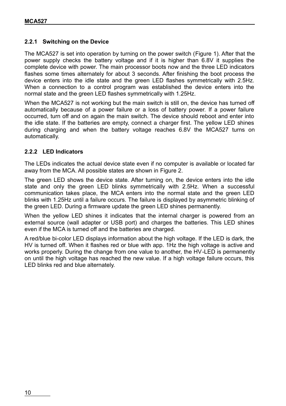 1 switching on the device, 2 led indicators | GBS Elektronik MCA-527 User Manual | Page 10 / 70