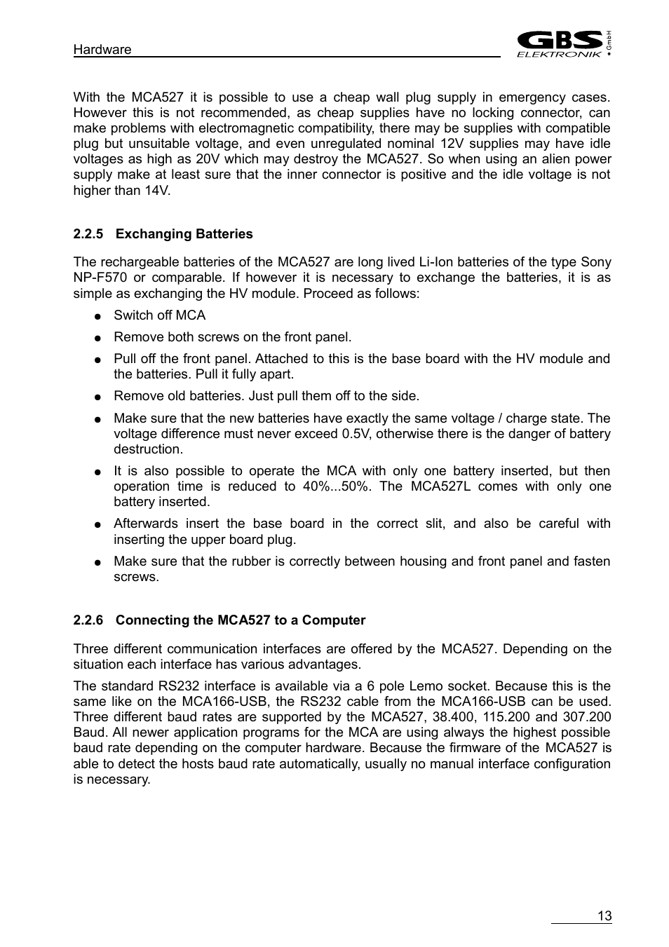 5 exchanging batteries, 6 connecting the mca527 to a computer | GBS Elektronik MCA-527 User Manual | Page 13 / 70