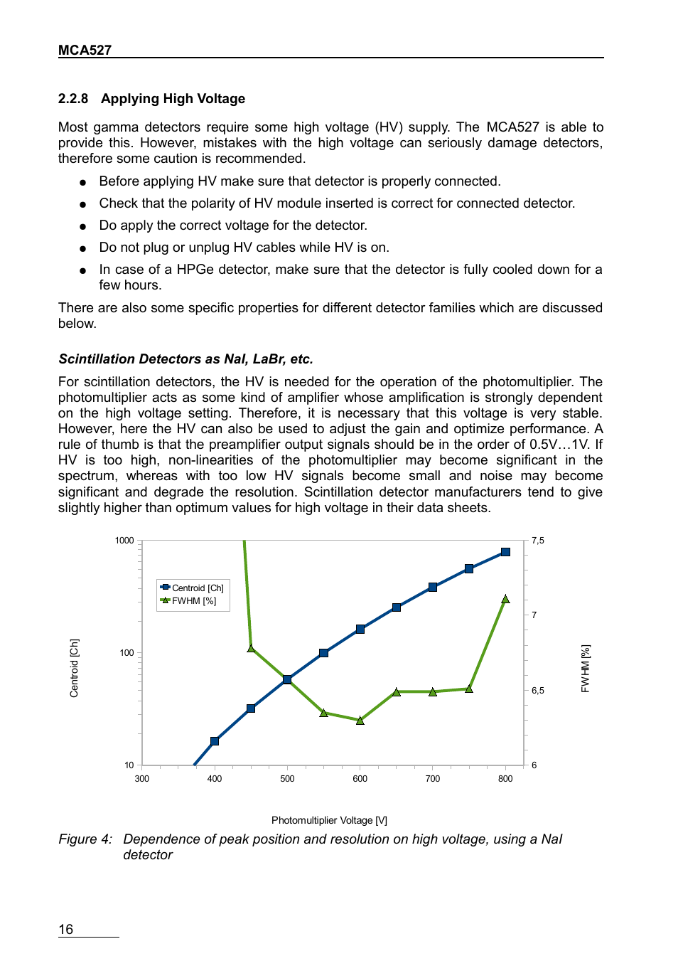 8 applying high voltage, Do apply the correct voltage for the detector, Do not plug or unplug hv cables while hv is on | GBS Elektronik MCA-527 User Manual | Page 16 / 70