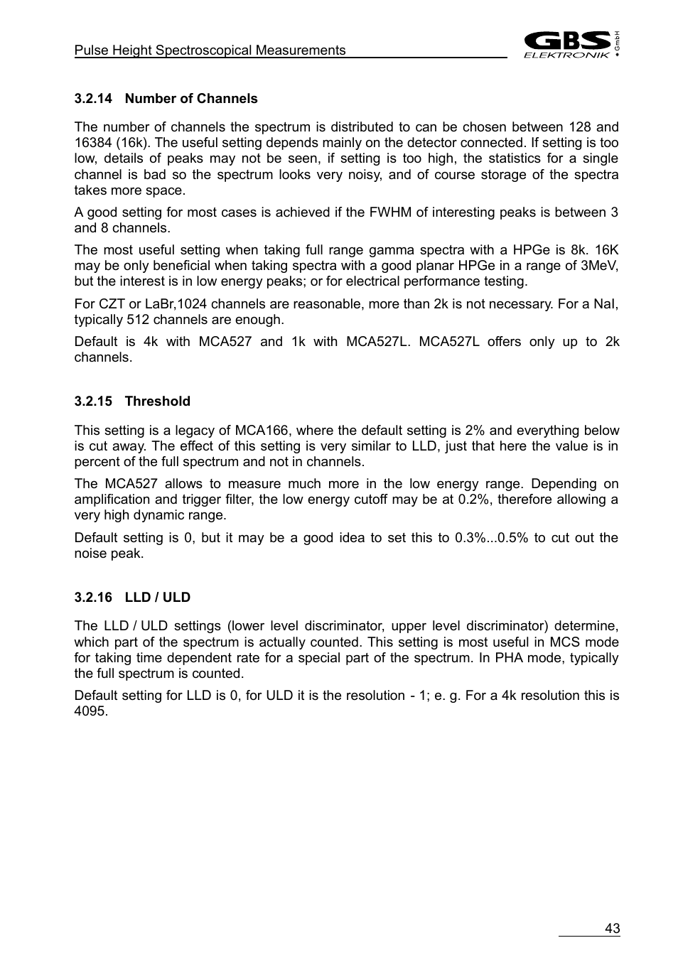 14 number of channels, 15 threshold, 16 lld / uld | GBS Elektronik MCA-527 User Manual | Page 43 / 70