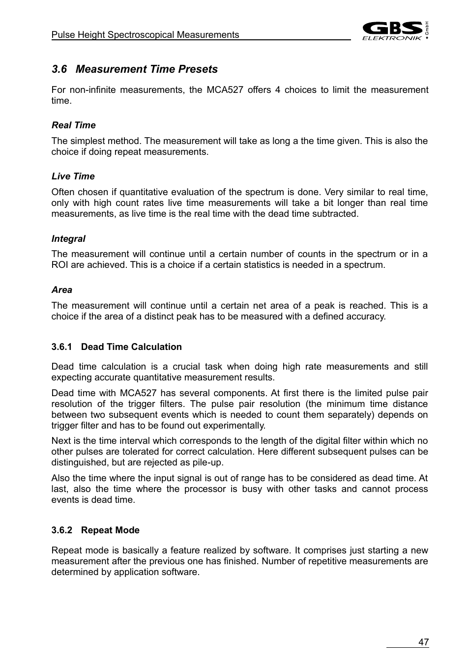 6 measurement time presets, 1 dead time calculation, 2 repeat mode | GBS Elektronik MCA-527 User Manual | Page 47 / 70