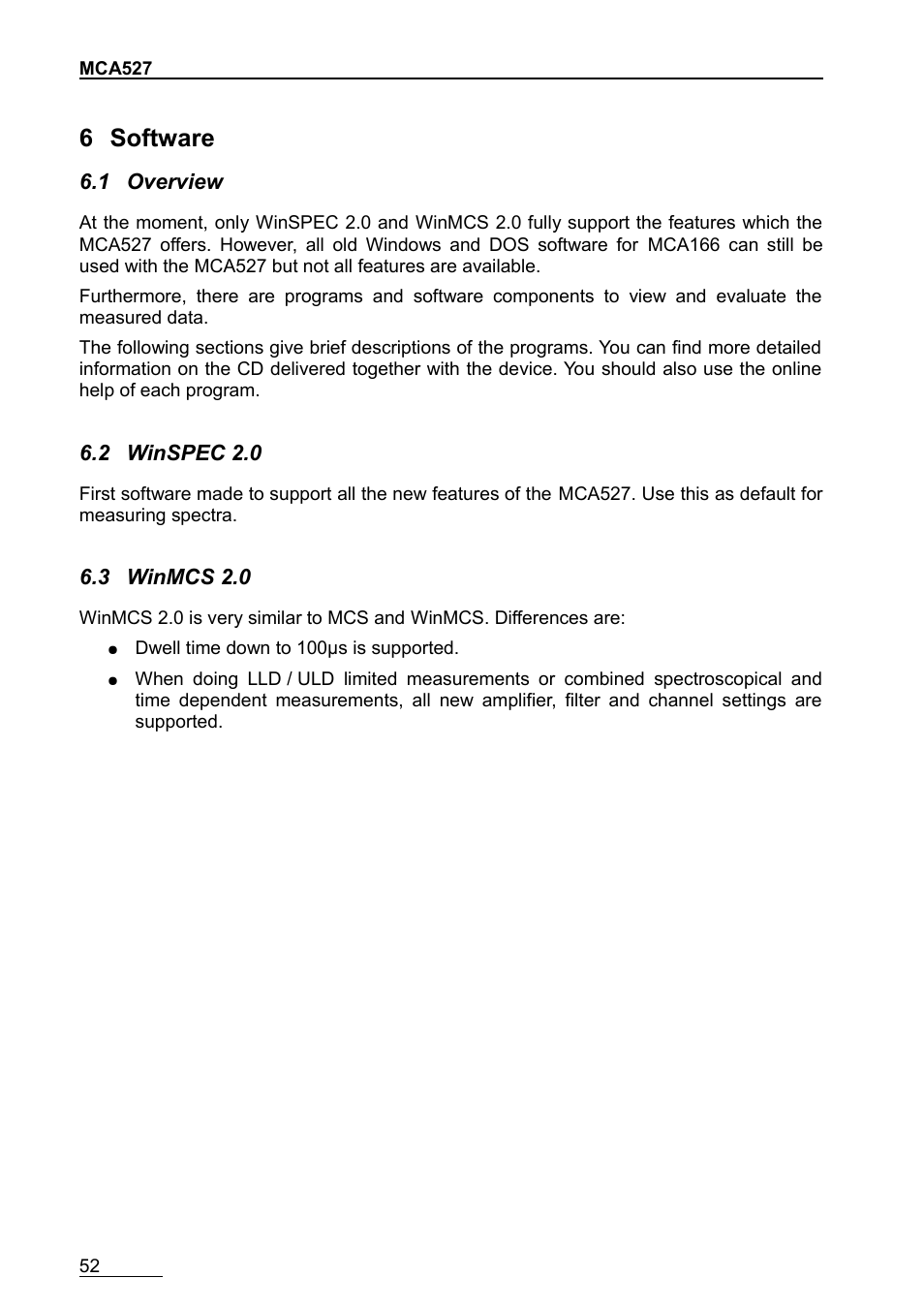 6 software, 1 overview, 2 winspec 2.0 | 3 winmcs 2.0 | GBS Elektronik MCA-527 User Manual | Page 52 / 70