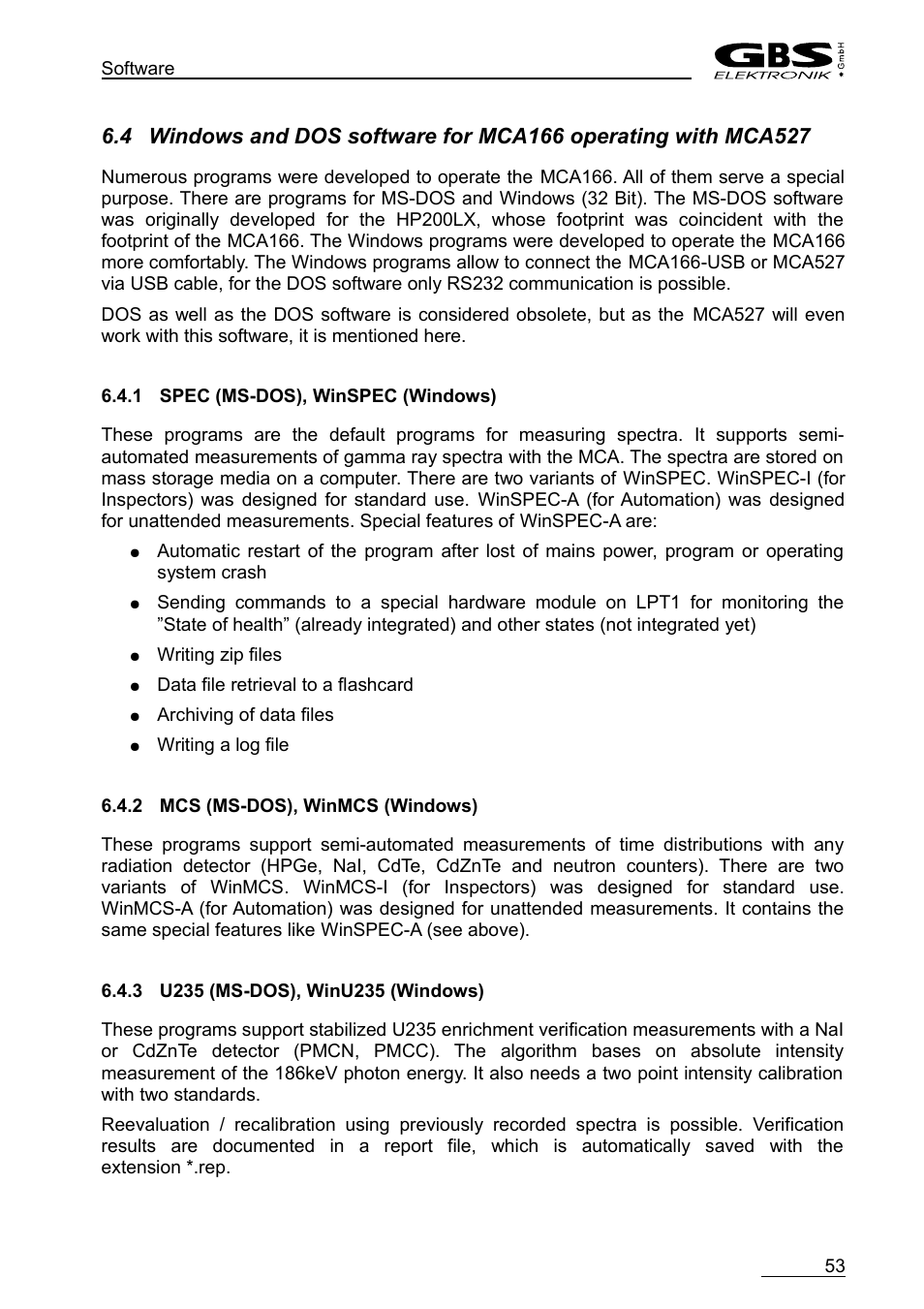 1 spec (ms-dos), winspec (windows), 2 mcs (ms-dos), winmcs (windows), 3 u235 (ms-dos), winu235 (windows) | GBS Elektronik MCA-527 User Manual | Page 53 / 70
