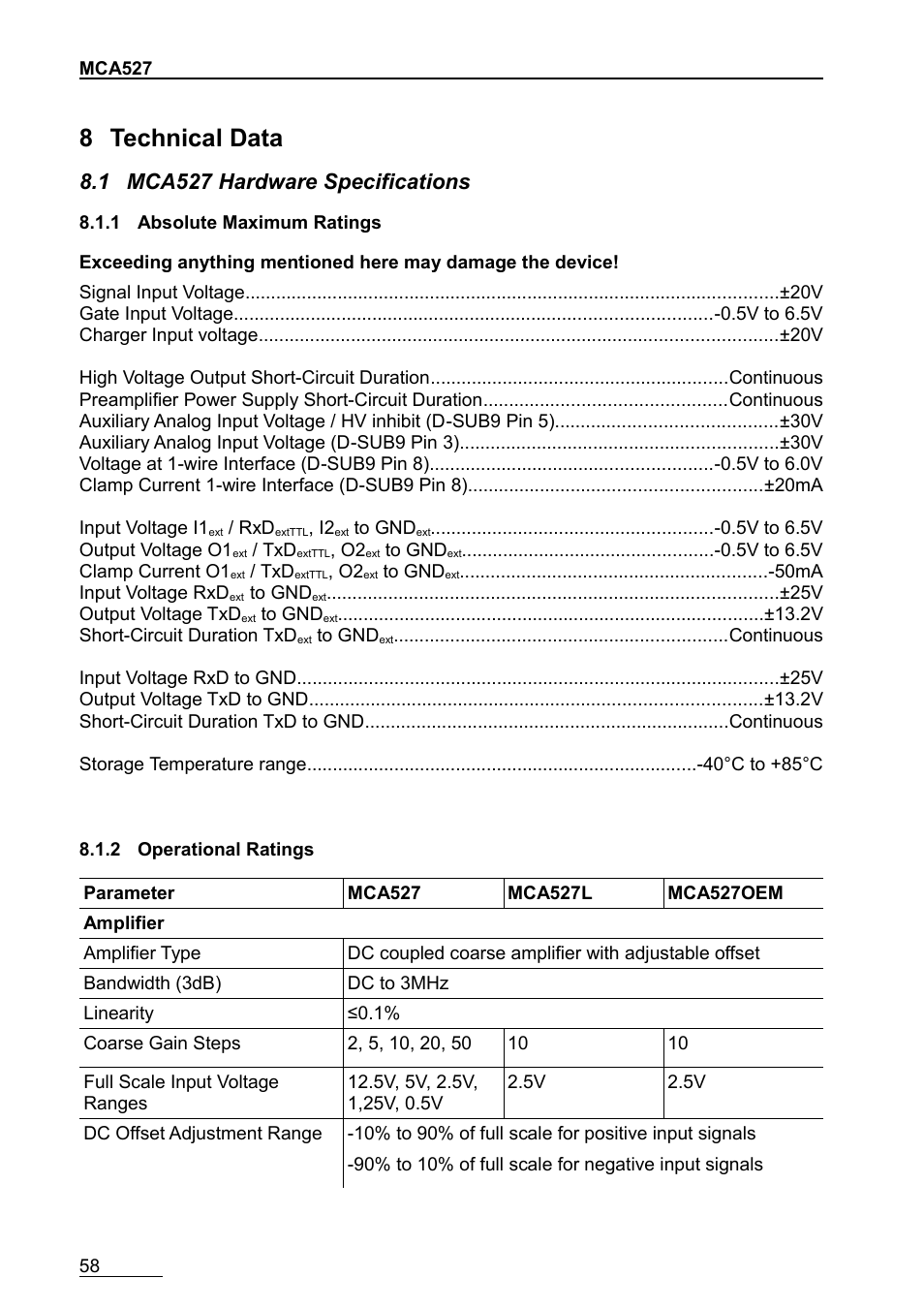 8 technical data, 1 mca527 hardware specifications, 1 absolute maximum ratings | 2 operational ratings, R 8.1.2) | GBS Elektronik MCA-527 User Manual | Page 58 / 70