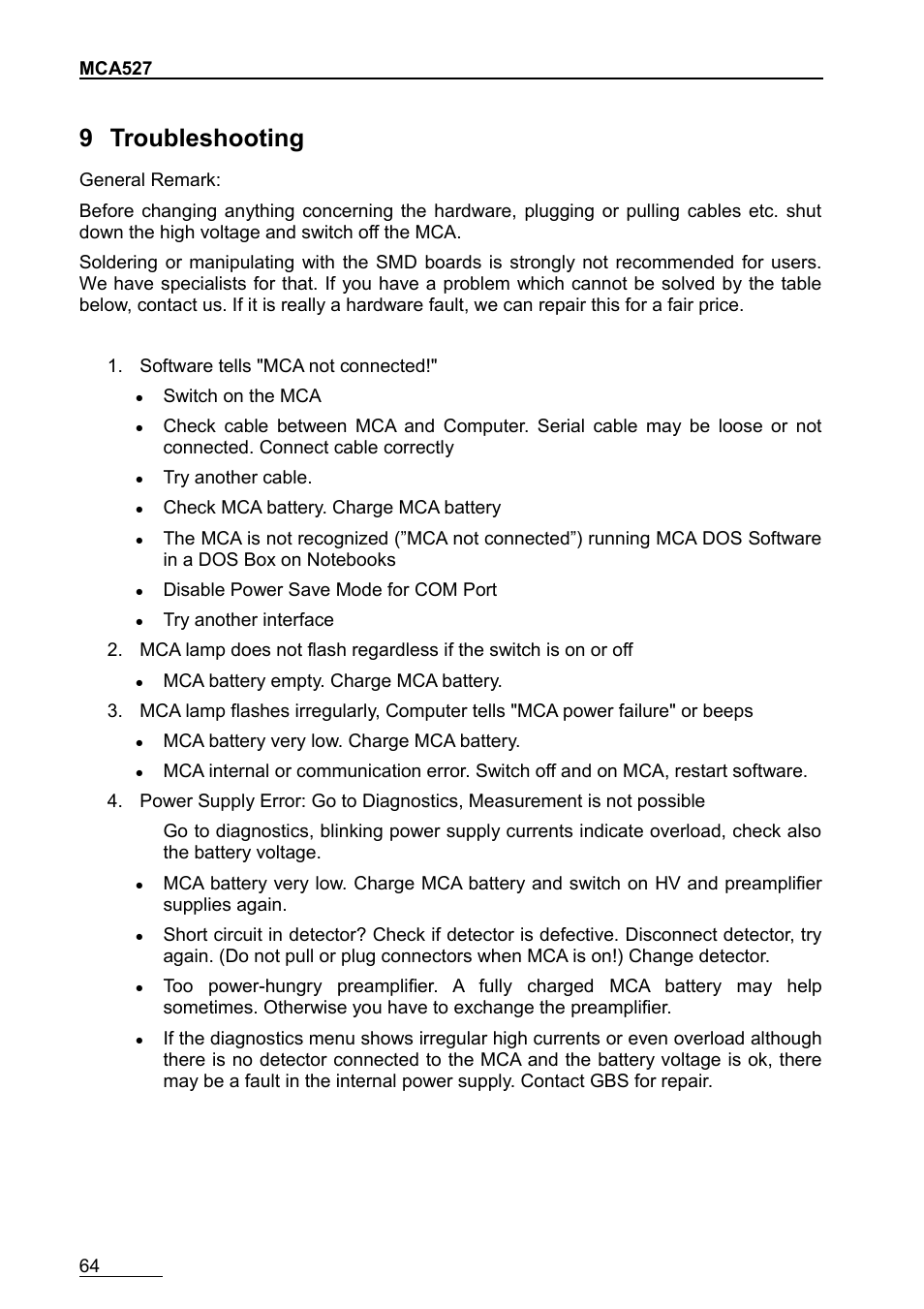 9 troubleshooting | GBS Elektronik MCA-527 User Manual | Page 64 / 70