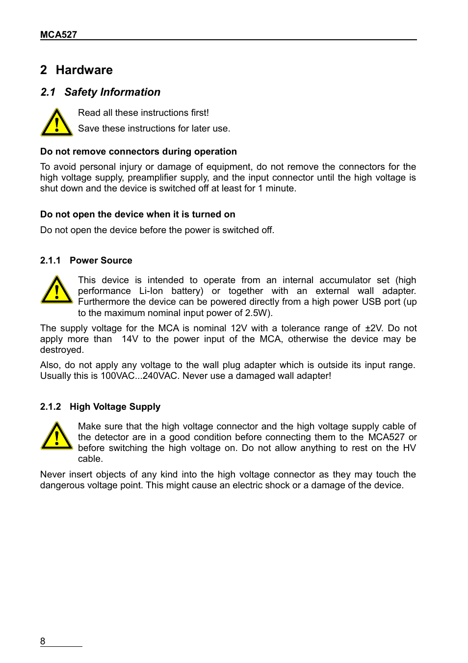 2 hardware, 1 safety information, 1 power source | 2 high voltage supply | GBS Elektronik MCA-527 User Manual | Page 8 / 70