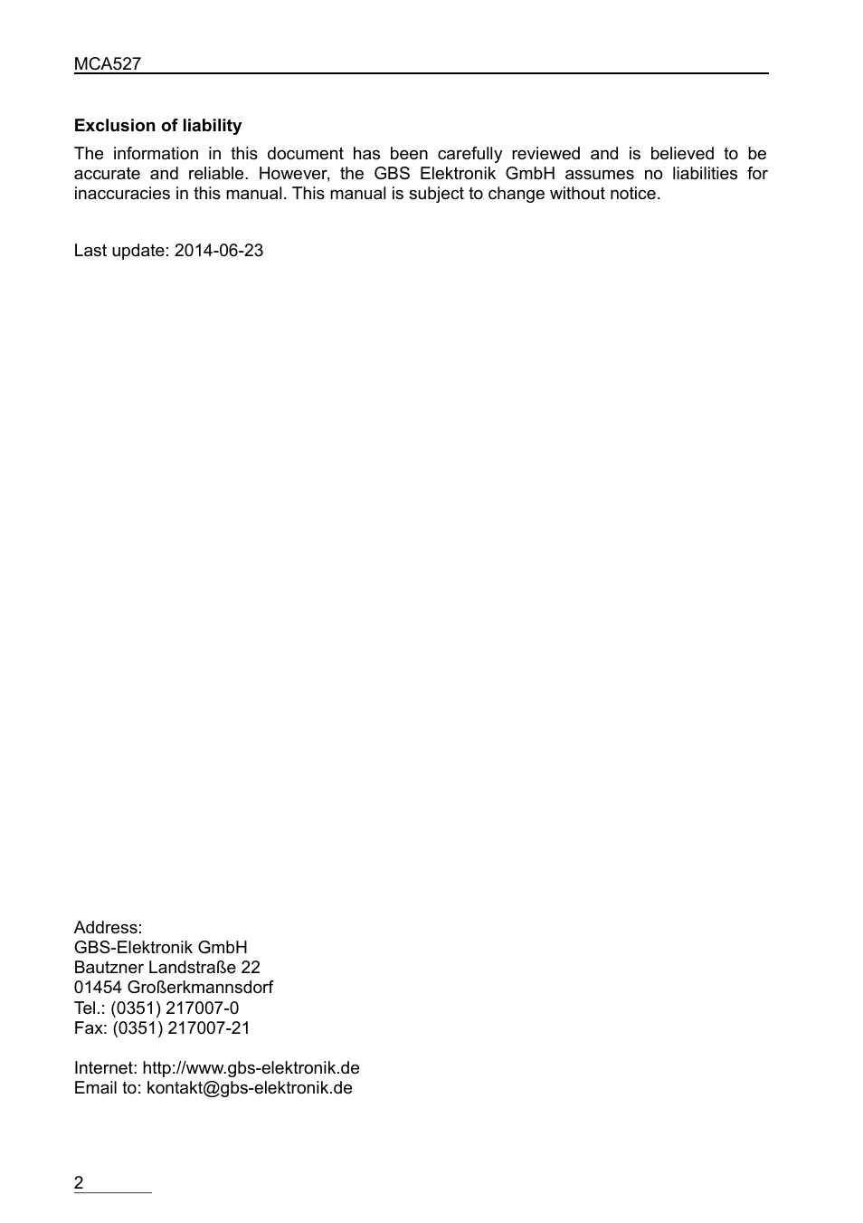 GBS Elektronik MCA-527 Binary Data Format User Manual | Page 2 / 12